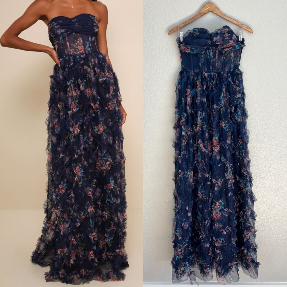 Lulu's Navy Floral Strapless Ruffled Mesh Maxi Dress